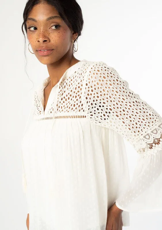 Lovestitch Bohemian Dobby Mesh Bell Sleeve Peasant Top
