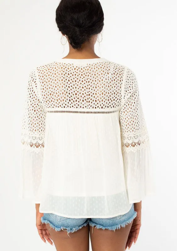 Lovestitch Bohemian Dobby Mesh Bell Sleeve Peasant Top