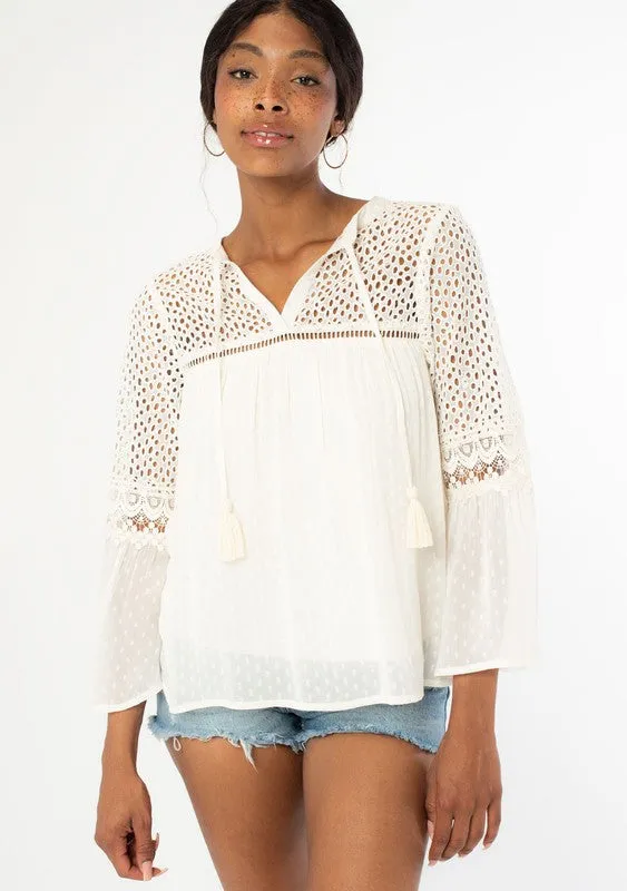 Lovestitch Bohemian Dobby Mesh Bell Sleeve Peasant Top