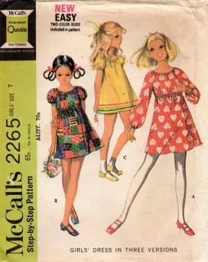 McCall's 2265 Girl's Puff Sleeved Mini Dress 1970s Vintage Sewing Pattern Size 7 Chest 26 inches