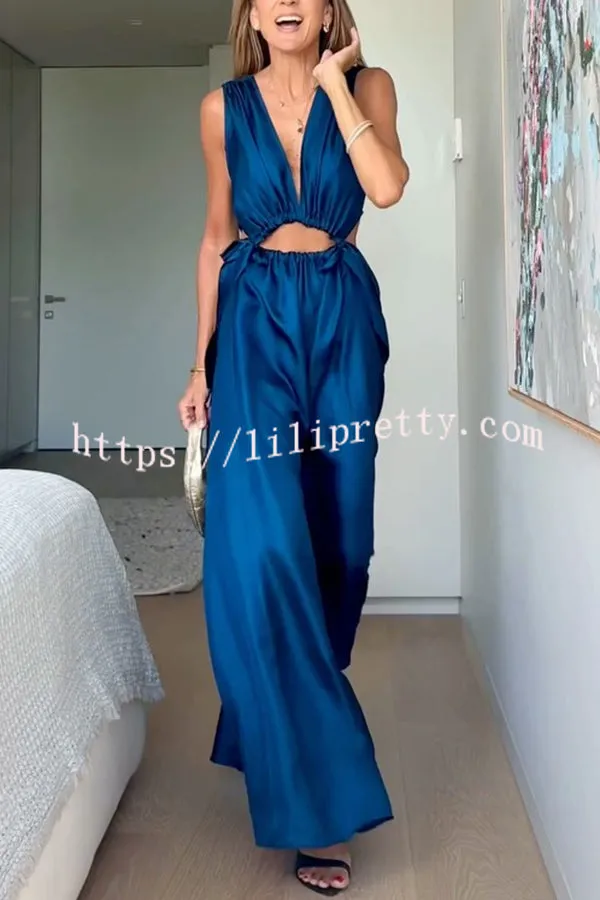 Midnight Charm Satin Ruched Cutout Tie-up Maxi Dress