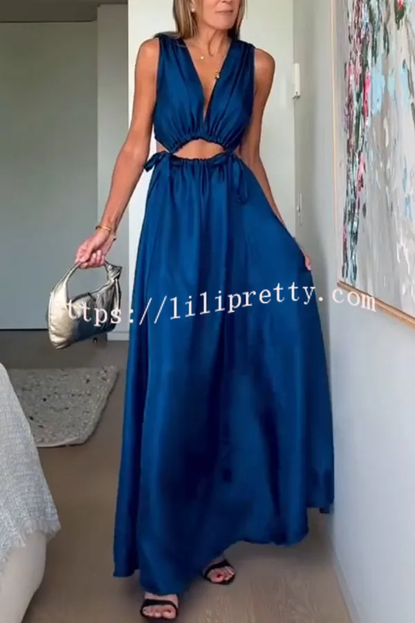 Midnight Charm Satin Ruched Cutout Tie-up Maxi Dress