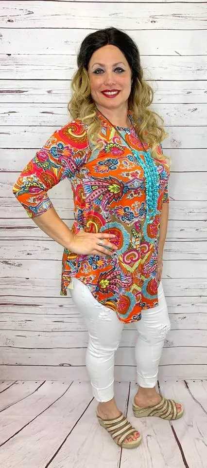 M/L: Orange and Pink Paisley Scoop Tunic