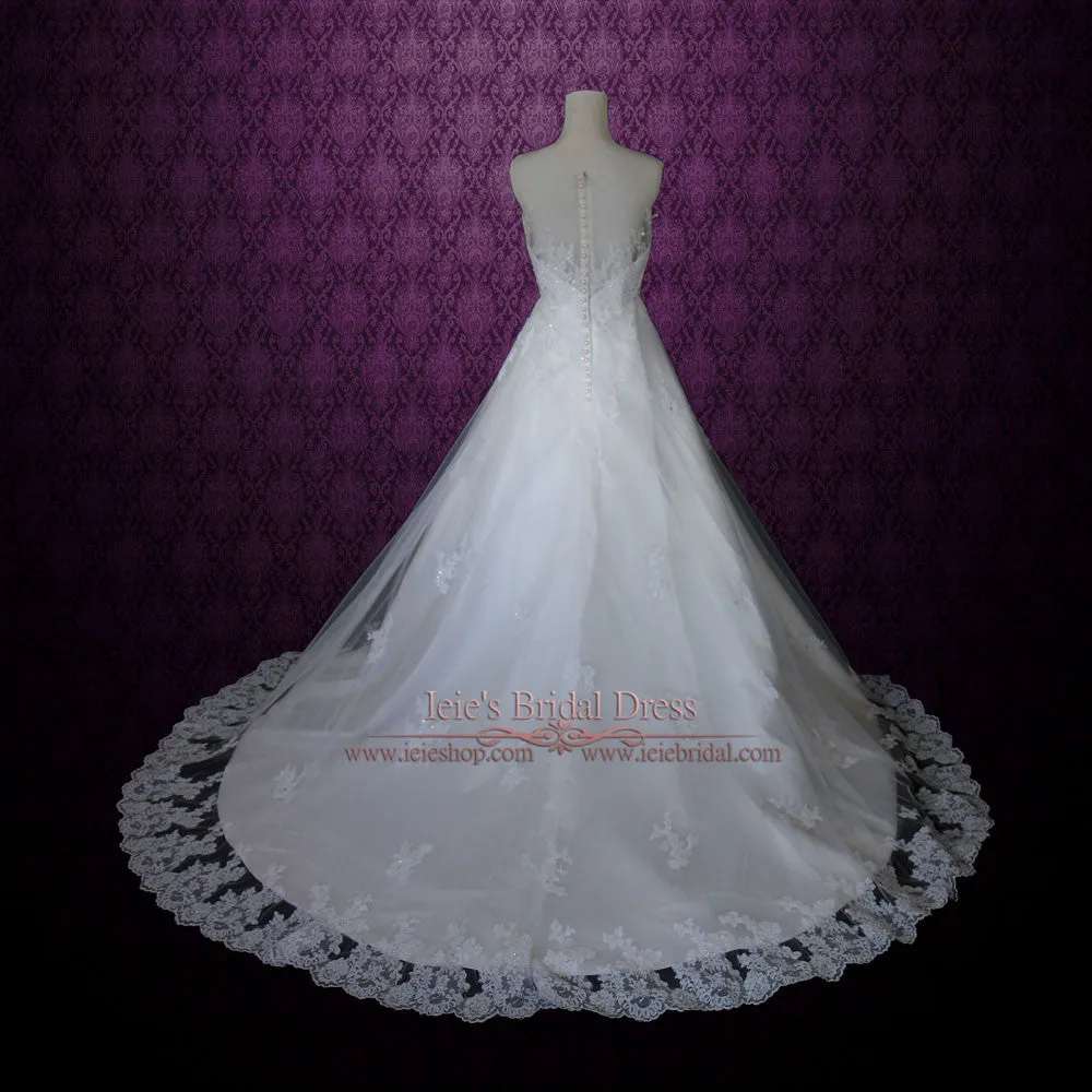 Modest Princess Lace A-line Wedding Dress With Pearl Buttons | Nathalia