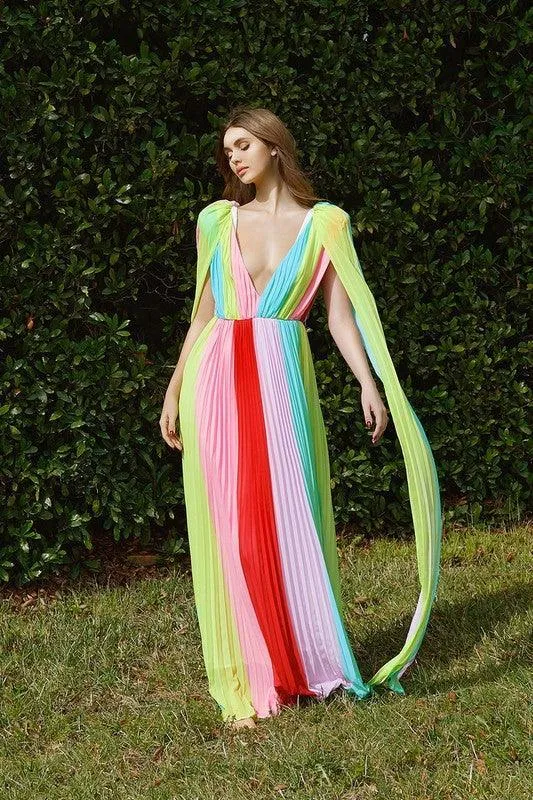 Pastel Rainbow Pleated Cape Detail Maxi Dress