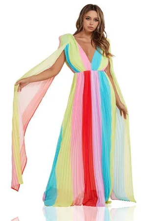Pastel Rainbow Pleated Cape Detail Maxi Dress