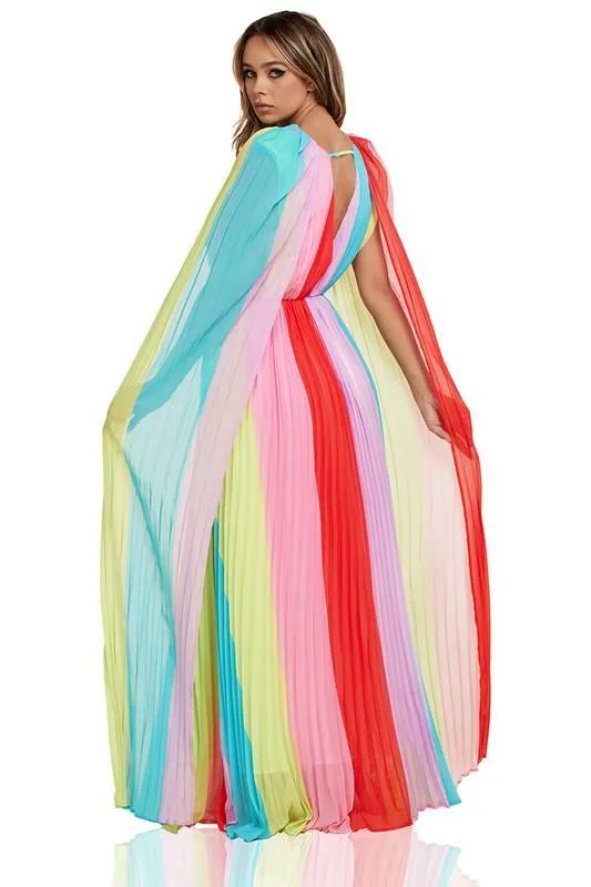 Pastel Rainbow Pleated Cape Detail Maxi Dress