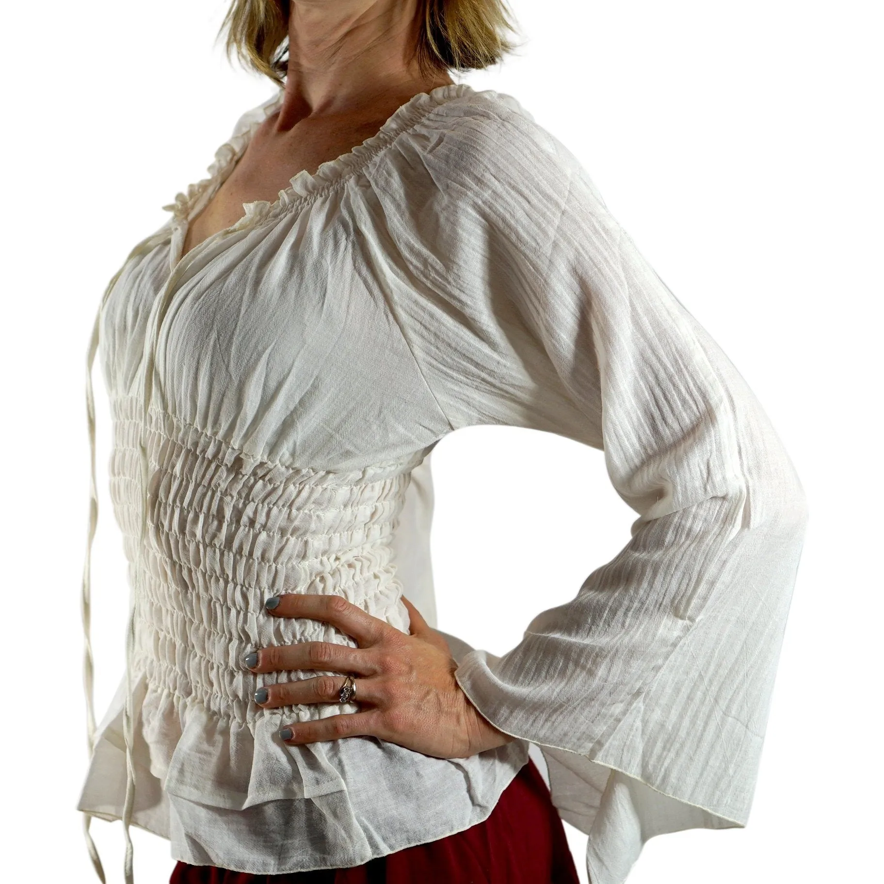'Peasant Blouse Long Sleeves' - Cream