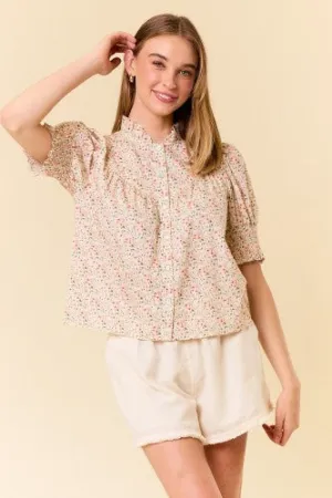 Peasant Floral Button Front Smock Sleeve