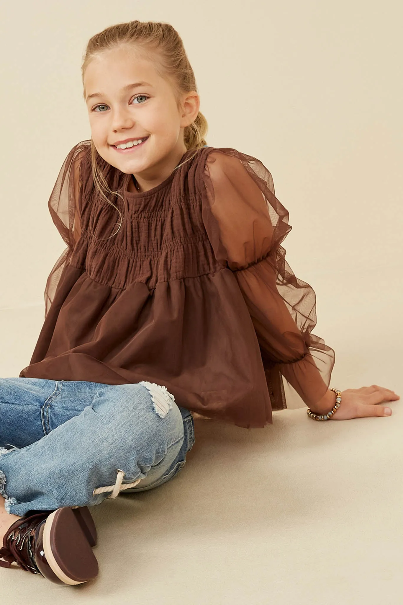 Peasant Sleeve Smocked Mesh Top