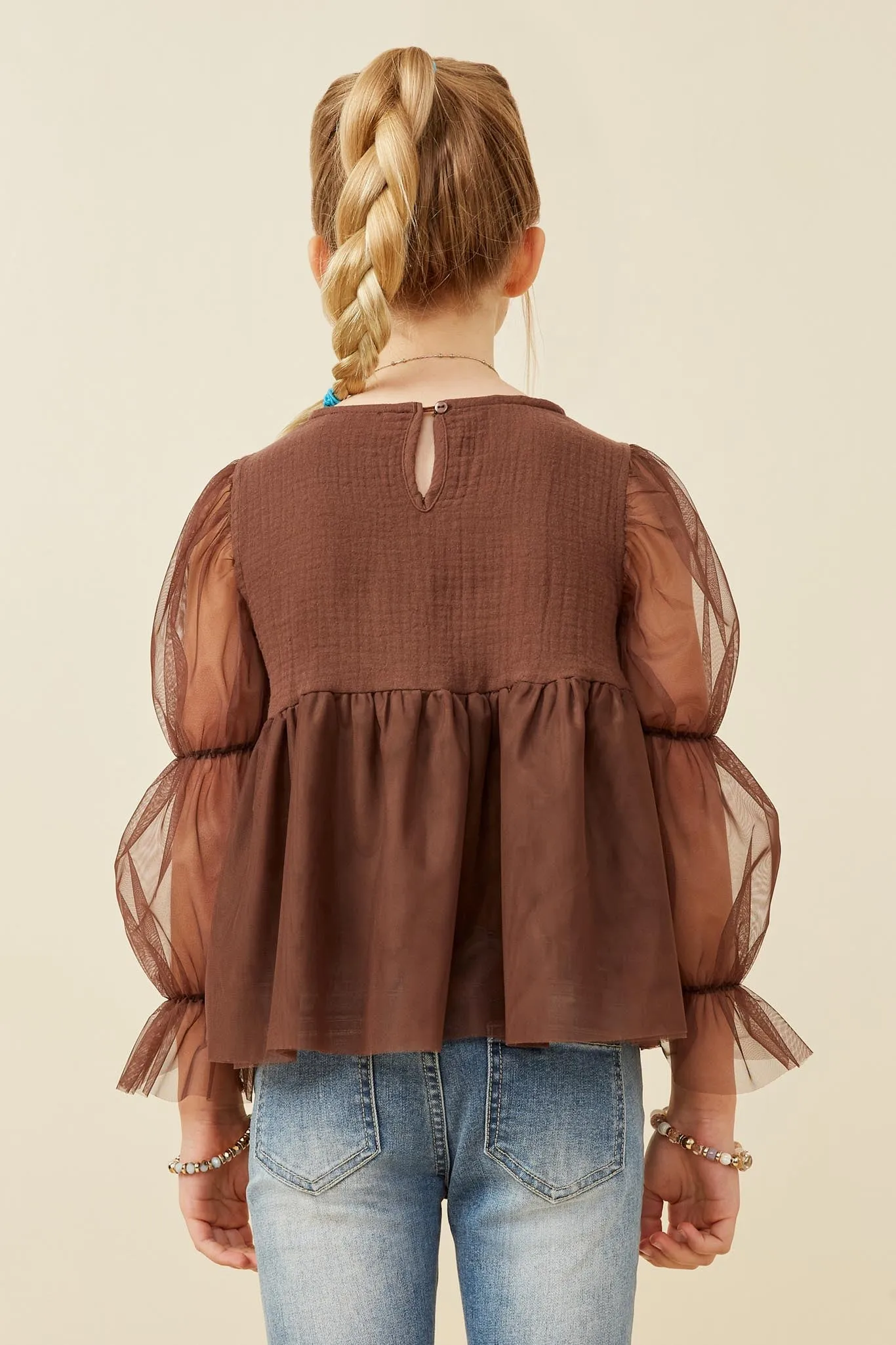 Peasant Sleeve Smocked Mesh Top