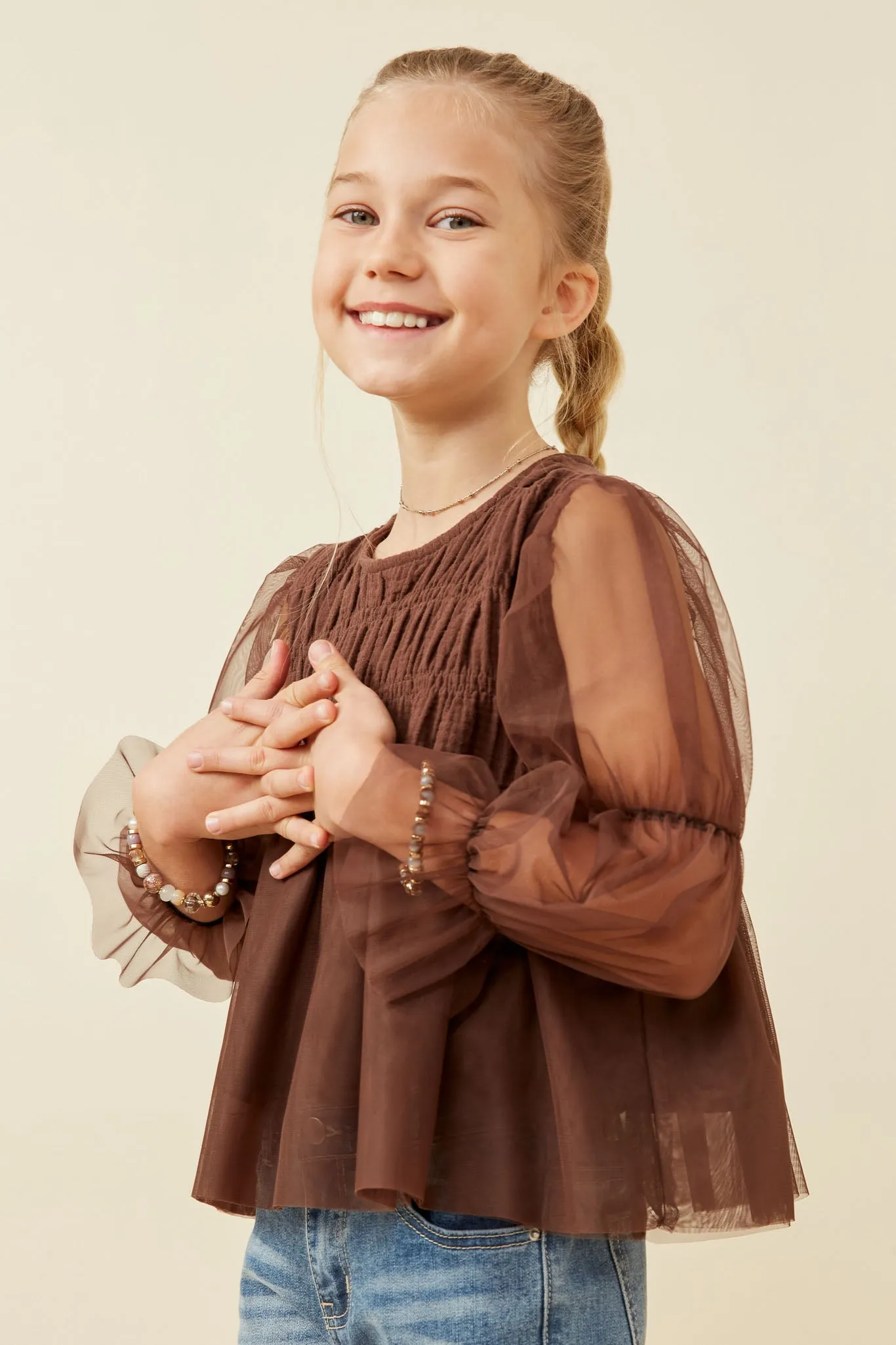 Peasant Sleeve Smocked Mesh Top