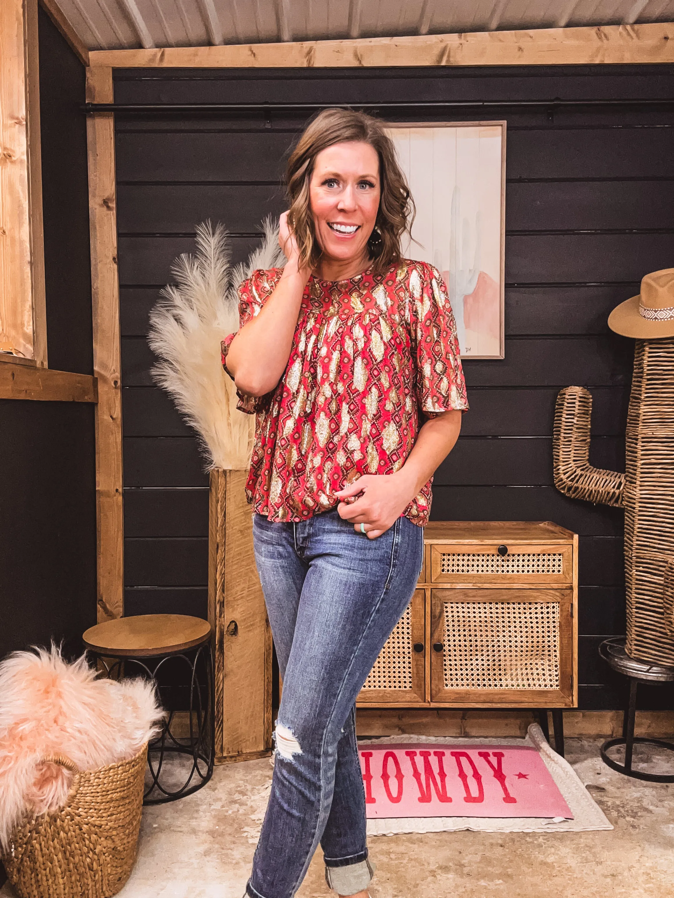 Pink Metallic Mix Peasant Short Sleeve Blouse
