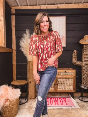 Pink Metallic Mix Peasant Short Sleeve Blouse