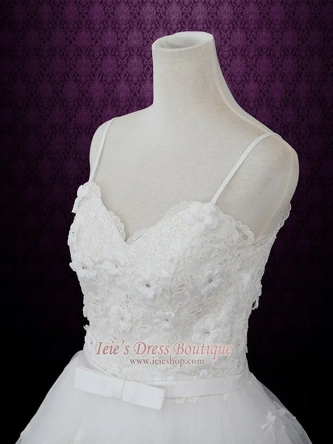Princess Ball Gown Tulle Wedding Dress with Floral Lace Applique and thin straps | Sandra