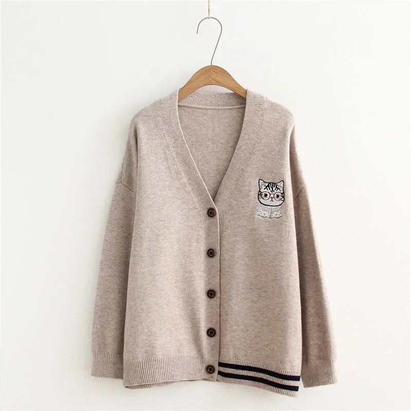 "CARTOON CAT EMBROIDERY KNITTED" CARDIGAN N123003