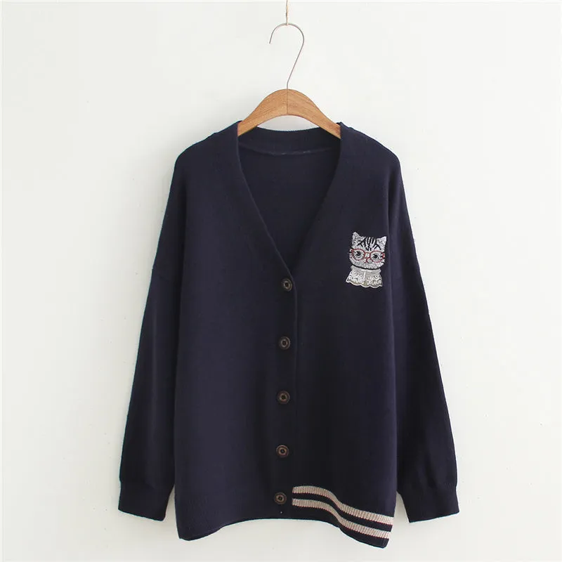 "CARTOON CAT EMBROIDERY KNITTED" CARDIGAN N123003