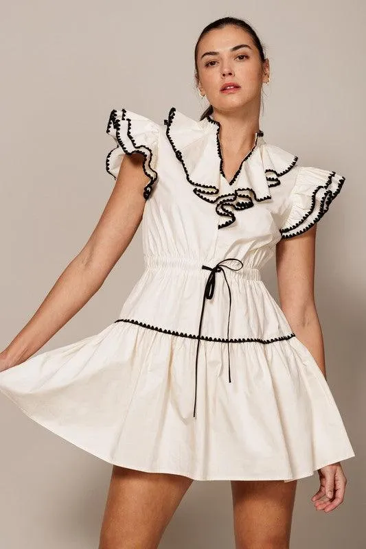 RUFFLE COLLAR AND SLEEVE MINI DRESS WITH WAIST TIE