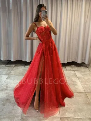 See Throuth Red Spaghetti Straps A-Line Long Evening Prom Dresses, MR7254