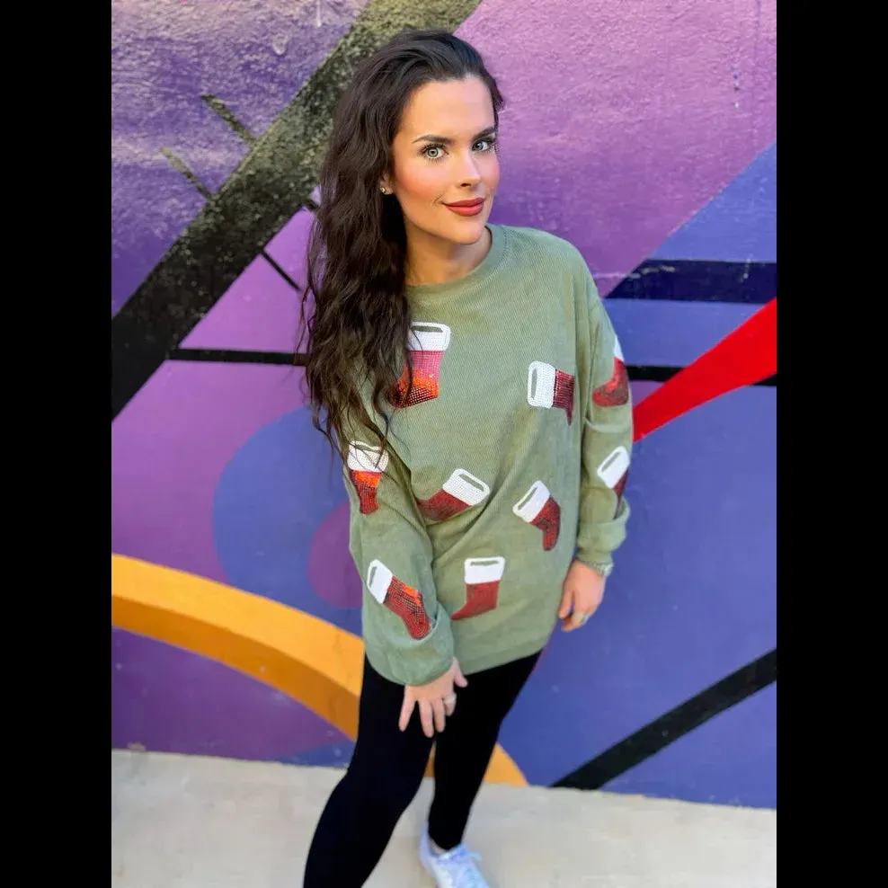 Sequin Stocking Corded Crew in Christmas Sage