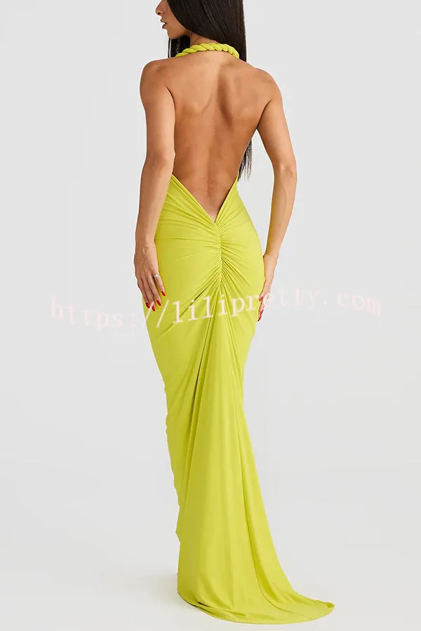 Sexy Halter Neck Open Back Pleated Slim Fit Maxi Dress