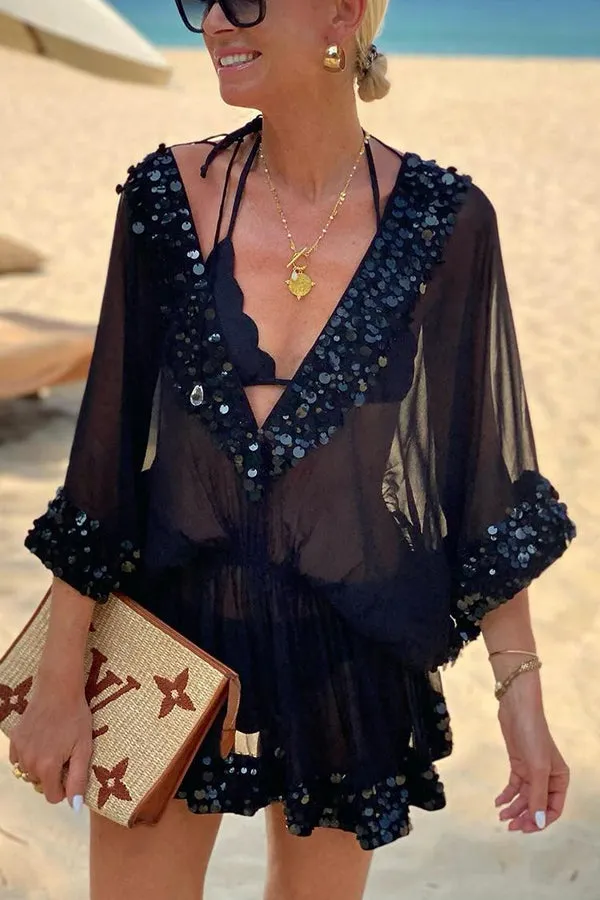 Shiny Holiday Sequin Trim Loose Cover-up Kaftan Mini Dress
