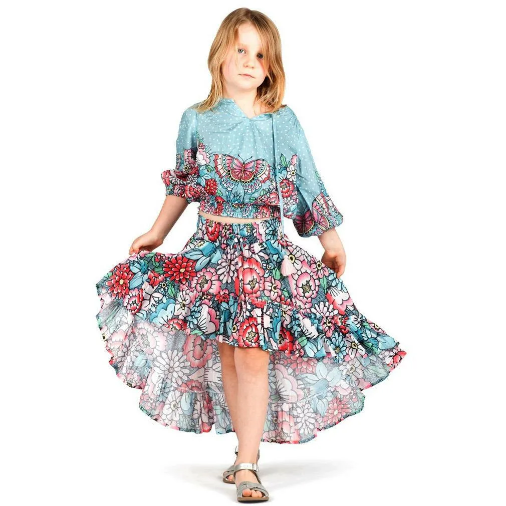 Shirred Peasant Top - Tattoo Flower Border