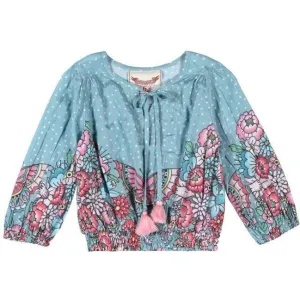 Shirred Peasant Top - Tattoo Flower Border