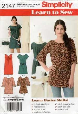 Simplicity 2147 Womens EASY Tunic Top or Mini Dress Out Of Print Sewing Pattern Size 6 - 18 UNCUT Factory Folded