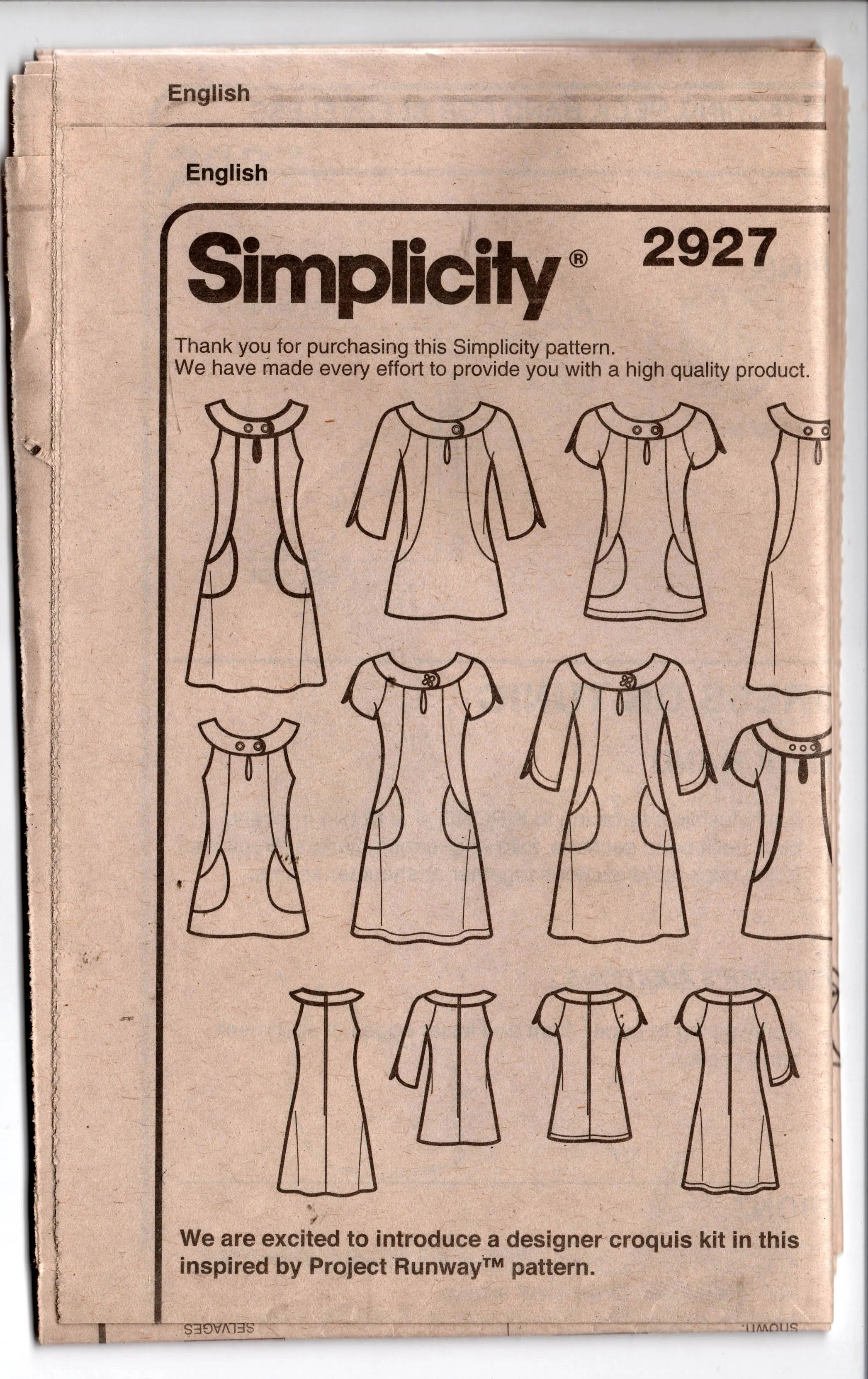 Simplicity 2927 Womens PROJECT RUNWAY Dress or Tunic with Pockets & Sleeve Variations Out Of Print Sewing Pattern Size 4 - 12 UNCUT Factory Folded