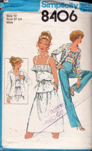 Simplicity 8406 Womens Ruffled Peasant Camisole Top Shirt Pants & Skirt 1970s Vintage Sewing Pattern Size 12 Bust 34 Inches