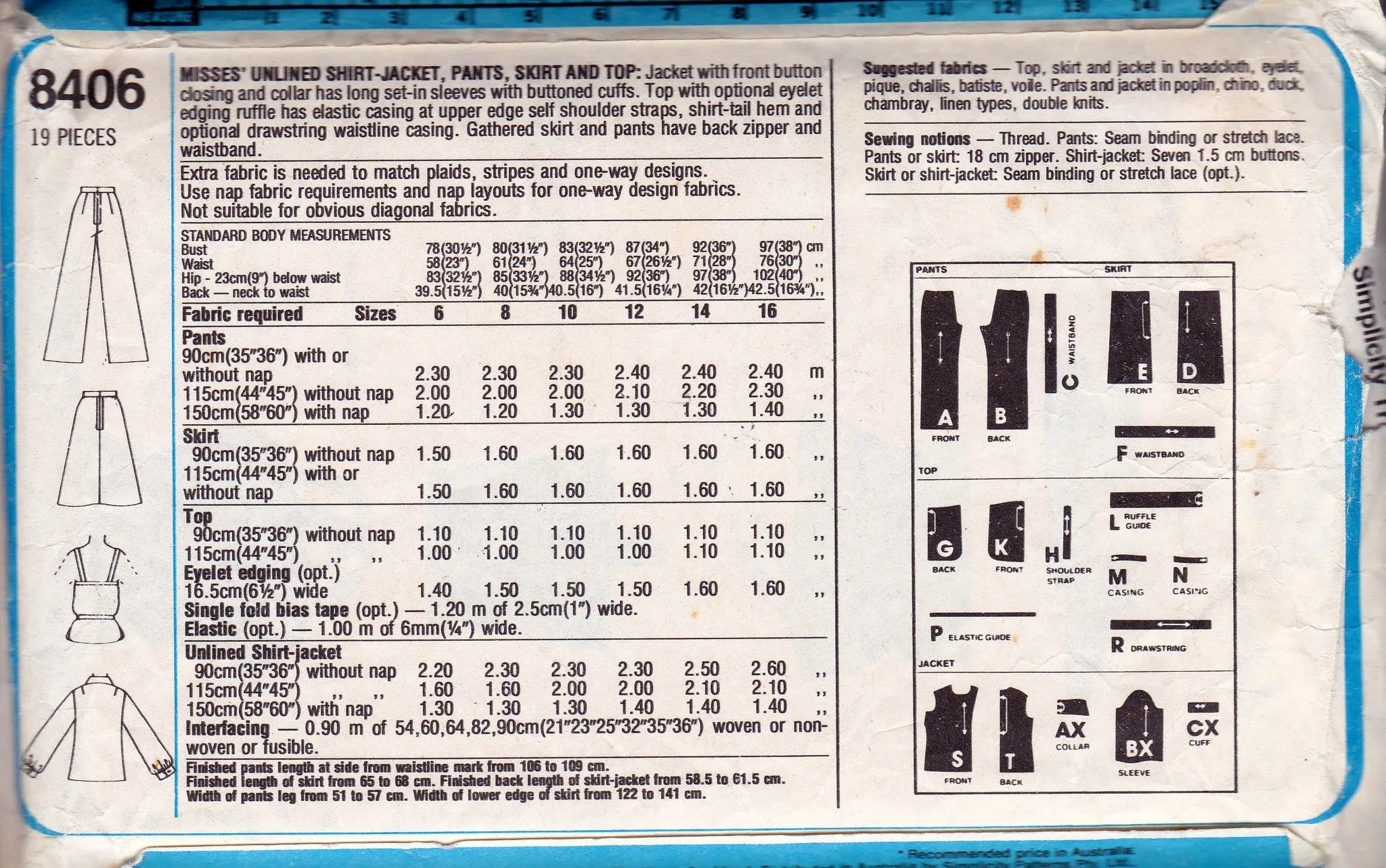 Simplicity 8406 Womens Ruffled Peasant Camisole Top Shirt Pants & Skirt 1970s Vintage Sewing Pattern Size 12 Bust 34 Inches