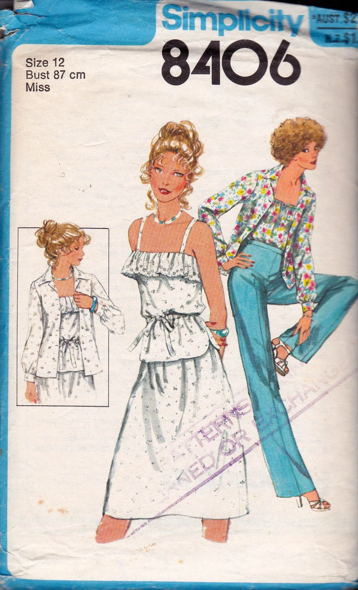 Simplicity 8406 Womens Ruffled Peasant Camisole Top Shirt Pants & Skirt 1970s Vintage Sewing Pattern Size 12 Bust 34 Inches