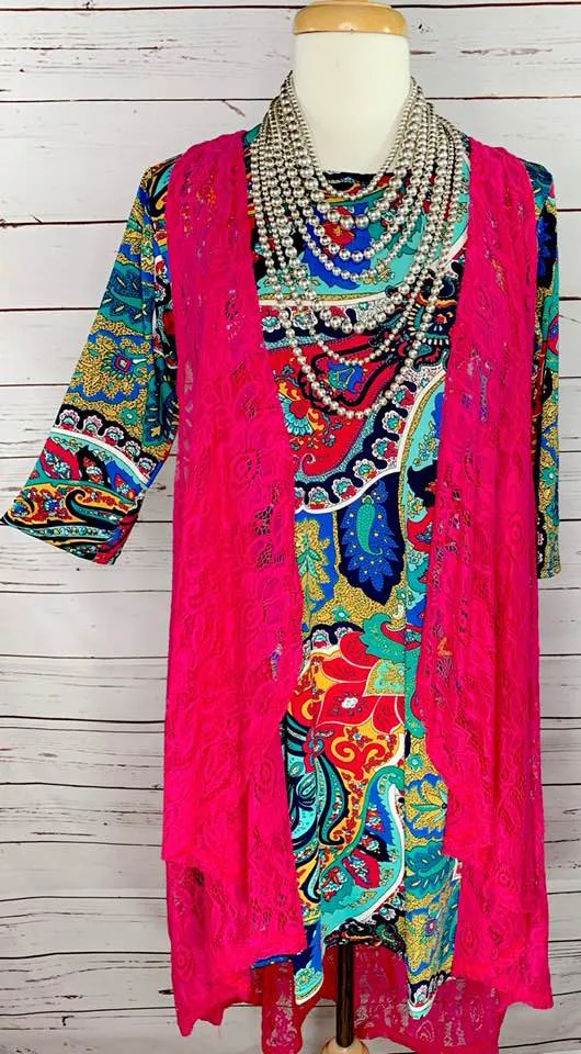 SMALL : Turquoise, Mustard, Pink Paisley Flutter Tunic Dress