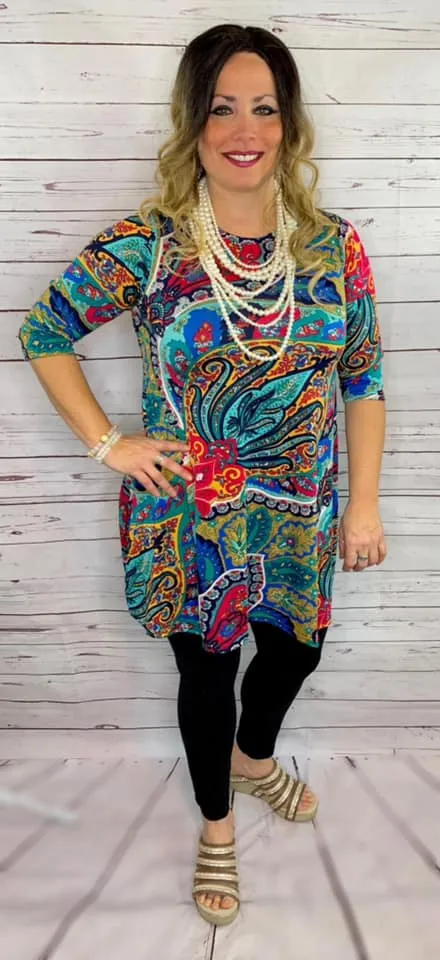 SMALL : Turquoise, Mustard, Pink Paisley Flutter Tunic Dress