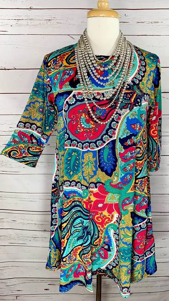 SMALL : Turquoise, Mustard, Pink Paisley Flutter Tunic Dress