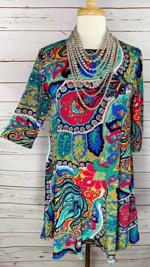 SMALL : Turquoise, Mustard, Pink Paisley Flutter Tunic Dress