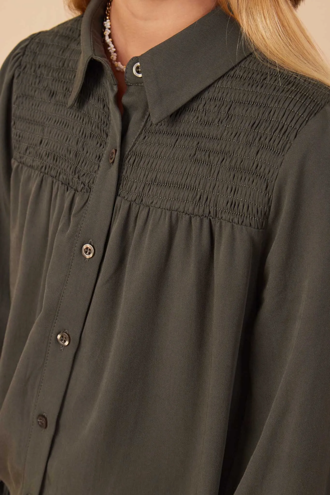 Smocked Yoke Garment Washed Tencel Tunic
