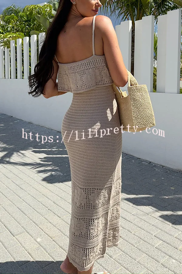 Solid Color Casual Knitted Hollow Slim Fit Cover-up Midi Dress