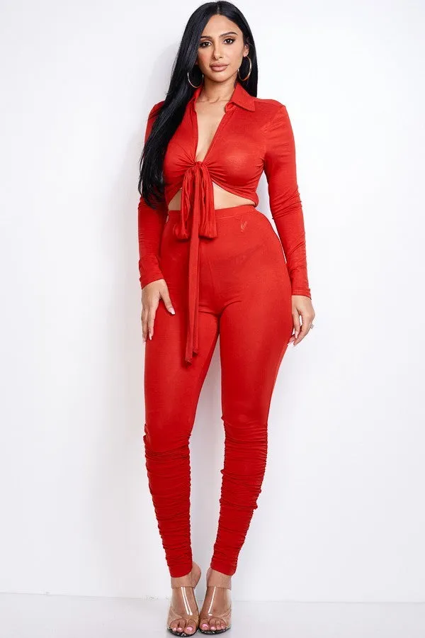 Solid Tie Front Top & Ruched Pants Set