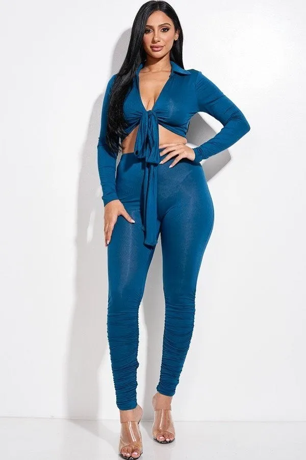 Solid Tie Front Top & Ruched Pants Set