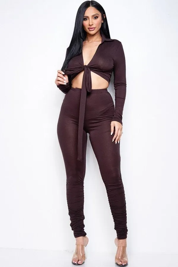Solid Tie Front Top & Ruched Pants Set