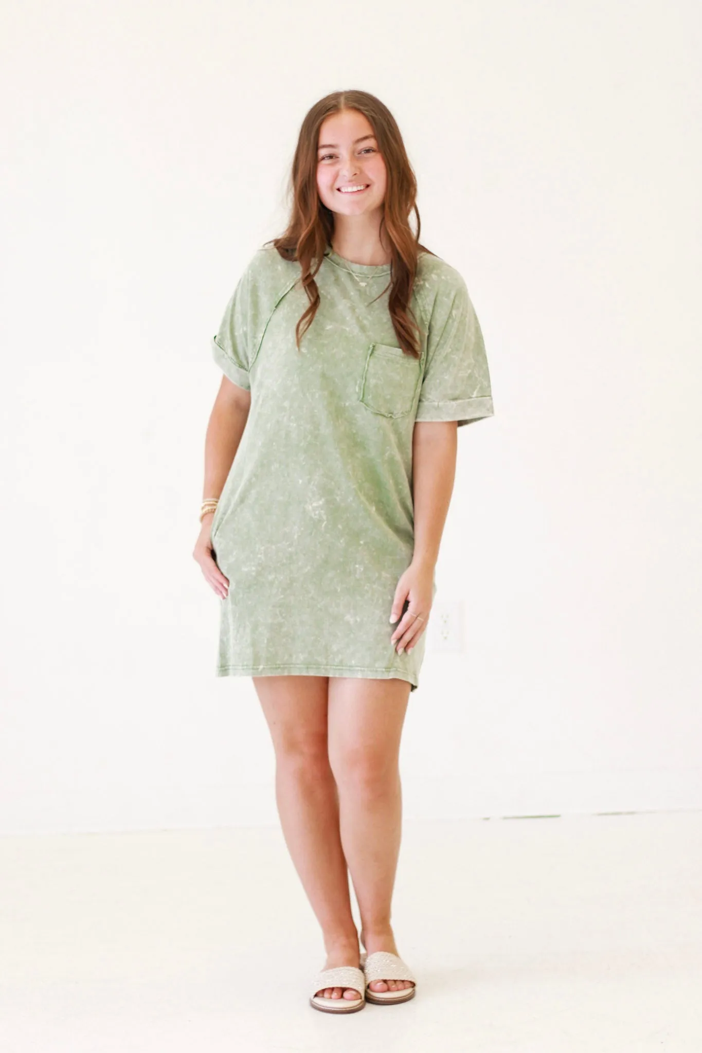 Splish Splash Mineral Wash Tunic Dress in Sage