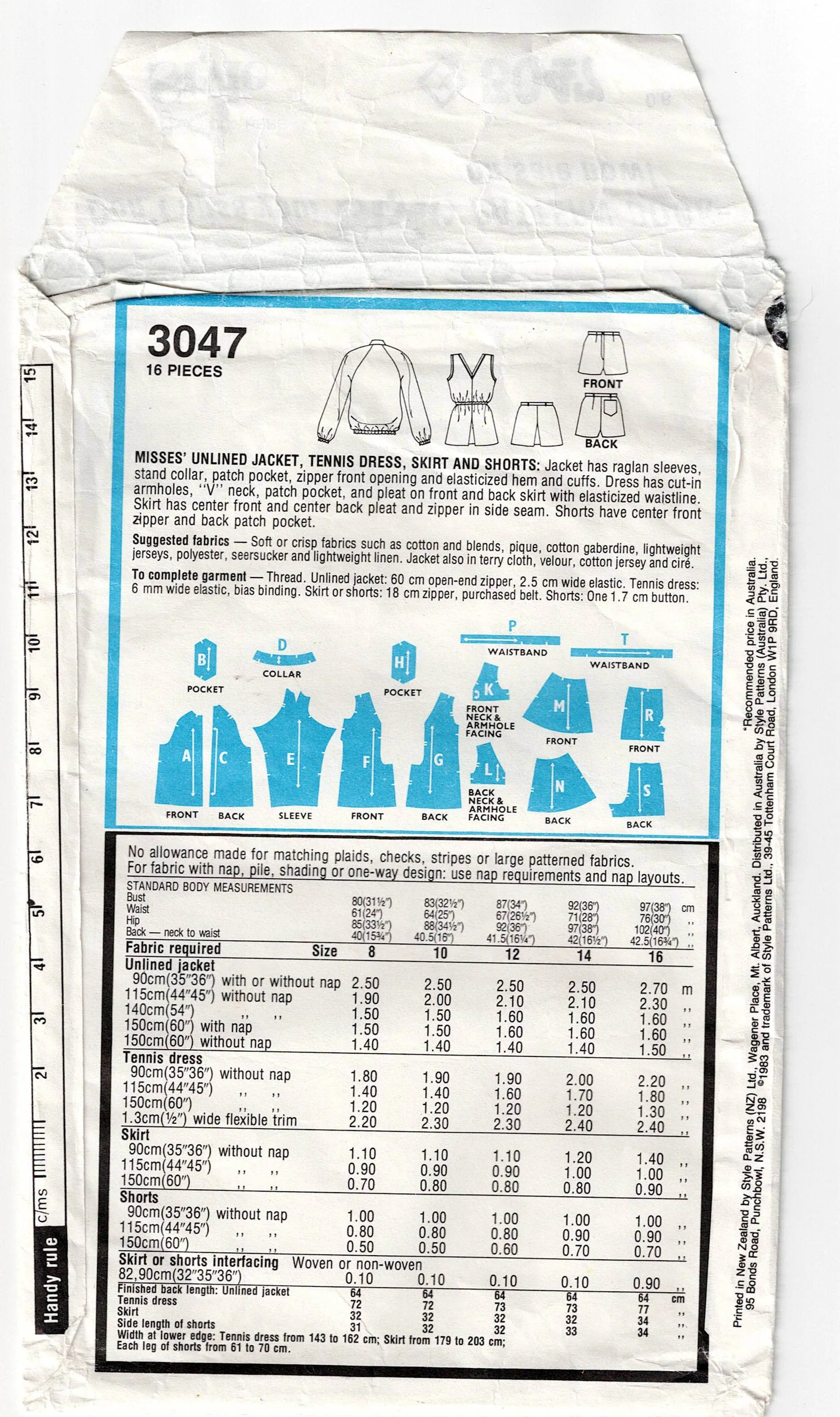 Style 3047 Womens Retro Tennis Outfit 1980s Vintage Sewing Pattern Size 16 Bust 38 inches