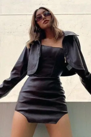 Style PU leather windbreaker lapel short dress & jacket