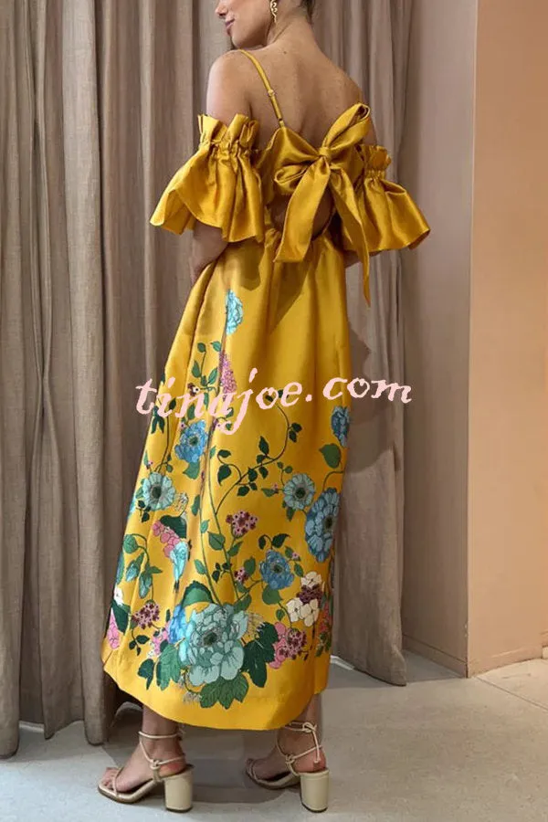 Sweetest Marigold Printed Gathered Sleeve Pocketed A-line Midi Dress