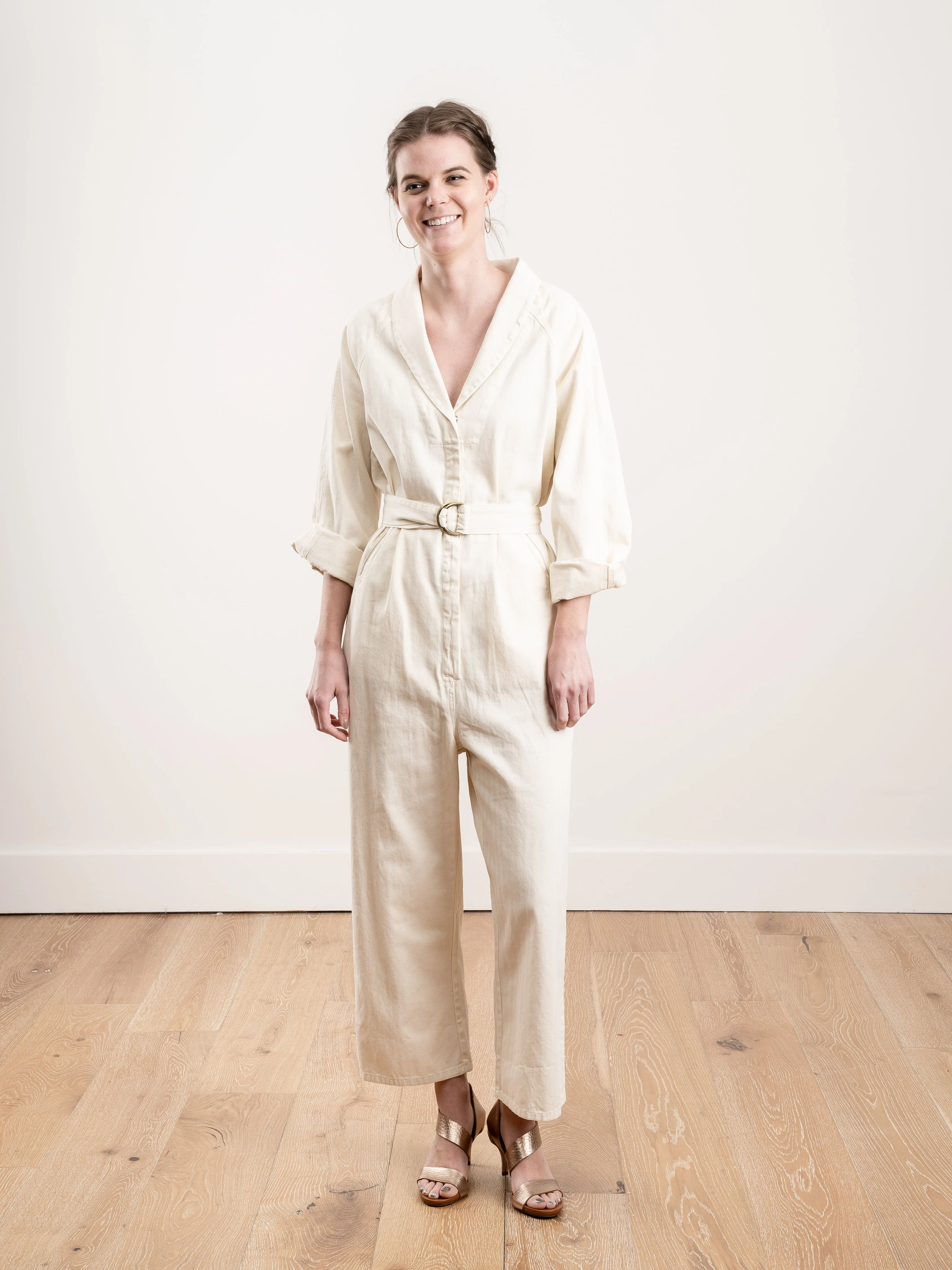 the herringbone round top jumpsuit - cream