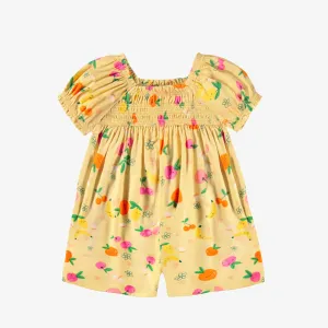 Une-pièce jaune en viscose à motifs de fruits, bébé || Yellow one-piece in viscose with fruit all over print, baby