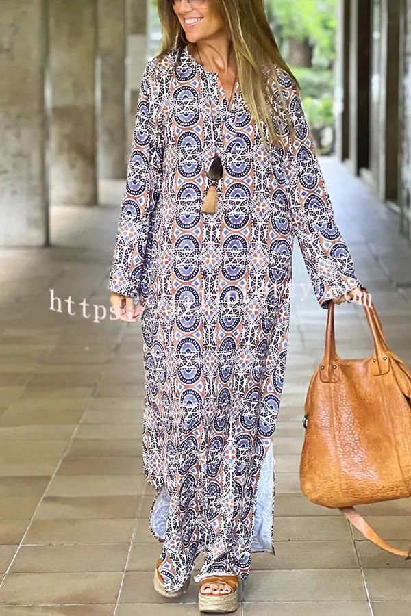 Unique Printed Long Sleeve V-neck Loose Maxi Dress