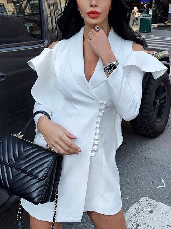 V-shaped Suit Collar Loose Mid-length Windbreaker Trumpet Sleeve Mosaic Ruffle